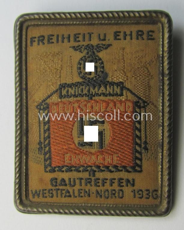 Interesting - and most certainly unusually found! - so-called: 'Gautreffen Westfalen-Nord 1936'- (ie. 'N.S.D.A.P.'-) related day-badge (ie. 'tinnie' or: 'Veranstaltungsabzeichen') entitled: 'Freiheit und Ehre - Gautreffen Westfalen-Nord - 1936'