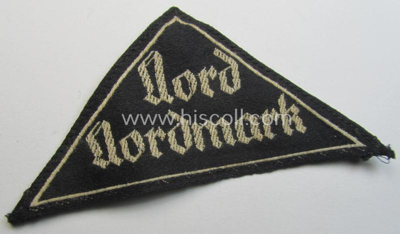 'HJ' ('Hitlerjugend') ie. 'BDM' ('Bund Deutscher Mädel'-) district-triangle (ie. 'Gebietsdreieck') entitled: 'Nord Nordmark' being a moderately used- ie. worn example that misses its paper-based 'RzM'-etiket