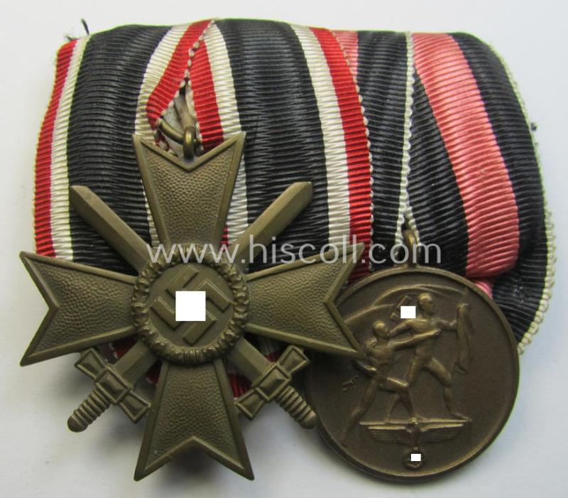 Attractive - and very nicely preserved! - 2-pieced WH (Heeres o. KM etc.) medal-bar (ie. 'Orden- o. Doppelspange') showing resp. a: 'KvK II. Kl. mit Schwertern' and a: Czech 'Anschluss'-medal