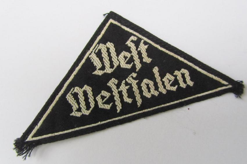 Attractive - and actually scarcely encountered! - 'HJ' ('Hitlerjugend') ie. 'BDM' (or: 'Bund Deutscher Mädel') district-triangle (ie. 'Gebietsdreieck') entitled: 'West Westfalen'