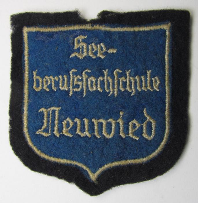 Neat - and with certainty very rarely encountered! - Marine-HJ (ie. 'Marine-Hitlerjugend') arm-badge (aka: 'Ärmelabzeichen') depicting the embroidered text: 'Seeberufsfachschule Neuwied'