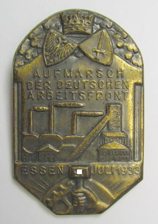 DAF- (ie. 'Deutsches Arbeitsfront') ie. N.S.B.O.- (ie.: 'National-Sozialistischer Betriebszellen-Organisation'-) related day-badge (ie. 'tinnie'), as was issued to commemorate the: 'Aufmarsch der deutschen Arbeitsfront - Essen Juli 1933'