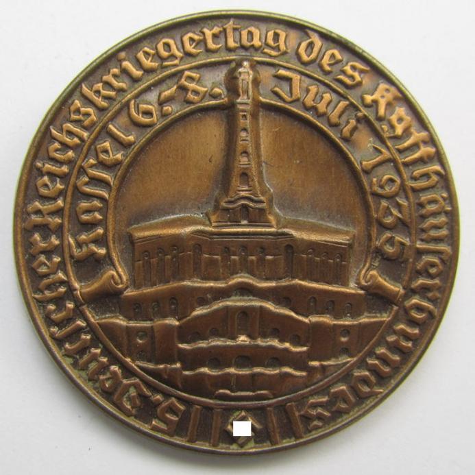 Copper-bronze-toned, D.R.K.B. (or: 'Deutscher Reichskriegerbund' aka 'Kyffhäuserbund') day-badge (ie. 'tinnie') being a non-maker-marked example entitled: '5. Deutscher Reichskriegertag des Kyffhäuserbundes - Kassel - 6.- 8. Juni 1937'