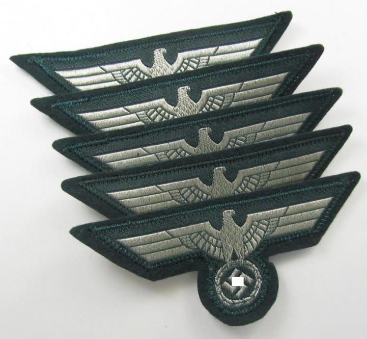 WH (Heeres) breast-eagle as executed in 'BeVo'-type-, so-called: 'flat-wire'-weave-pattern and pre-mounted on darker-green-coloured wool, as was intended for usage by soldiers (ie. NCOs) on their dress-tunics (ie. 'Waffenröcke')