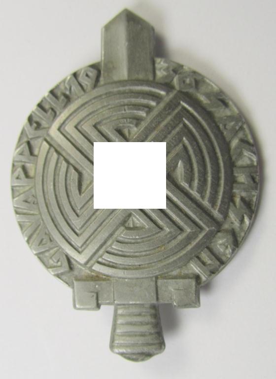 Commemorative, aluminium-based- and/or bright-silver-toned 'N.S.D.A.P.'-related 'tinnie' being a neatly maker- (ie. 'Wächtler u. Lange'-) marked example depicting a 'rounded-styled'-swastika surrounded by the text: 'Gauappell Sachsen 1936'