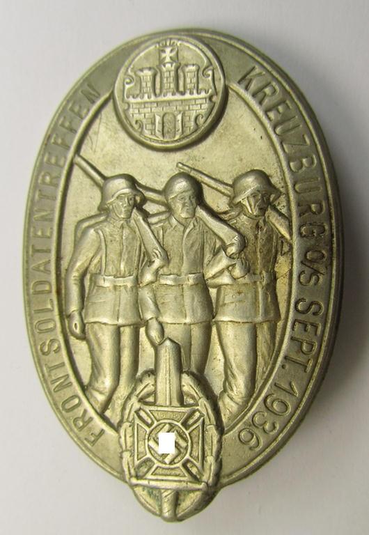 Commemorative, silver-toned and/or tin-based: 'N.S.K.O.V.'-related 'tinnie', being a non-maker marked example, showing the text: 'Frontsoldatentreffen - Kreuzburg o.S. - September 1936'