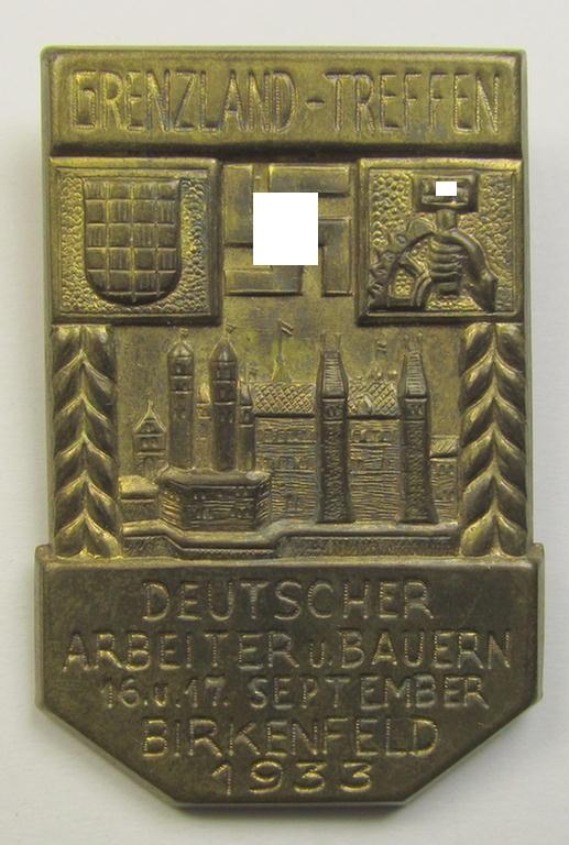 Commemorative, early-period- and/or copper-based N.S.B.O.-related 'tinnie', being a non-maker-marked example depicting a scenery and showing the text: 'Grenzland-Treffen - Deutscher Arbeiter u. Bauern - 16. u. 17. September - Birkenfeld - 1933'