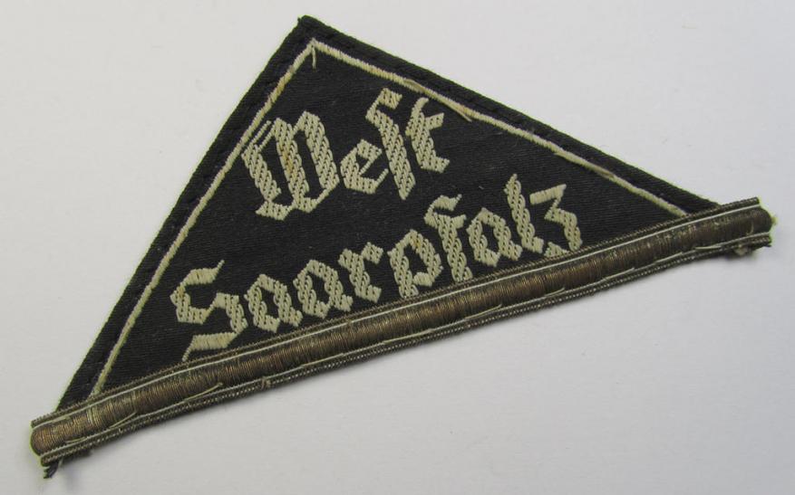 HJ- ie. BDM (ie. 'Hitlerjugend' or: 'Bund Deutscher Mädel') district-triangle (ie. 'Gebietsdreieck') entitled: 'West Saarpfalz' (showing a period-attached, silver-toned 'honorary rank-stripe' signifying BDM-membership before 1933)