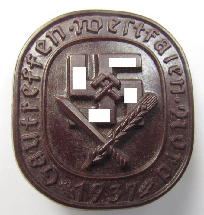 Reddish-brown-coloured- and 'molded'-style, N.S.D.A.P.-related day-badge (ie. 'tinnie' or: 'Veranstaltungsabzeichen') bearing the text: 'Gautreffen - Westfalen-Nord - 1937' (showing the text: 'Gelsenkirchen - 25.-28. Juni' on its back)