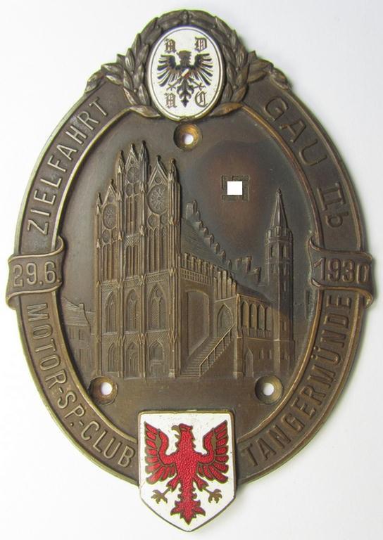 Commemorative, bronze-toned A.D.A.C.-related car-plaque (ie. 'Erinnerungs- o. nichttragbare Fahrzeug-Medaille des A.D.A.C.') showing two enamelled shields and text: 'Zielfahrt Gau IIb - Motor-Sp.-Club Tangermünde - 29.6.1930'