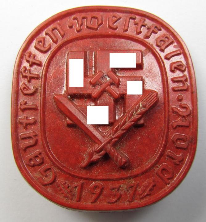 Bright-red-coloured- and 'molded'-style, N.S.D.A.P.-related day-badge (ie. 'tinnie' or: 'Veranstaltungsabzeichen') bearing the text: 'Gautreffen - Westfalen-Nord - 1937' (showing the text: 'Gelsenkirchen - 25.-28. Juni' on its back)