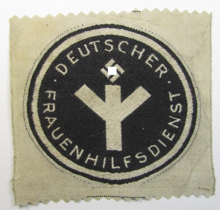 Never before seen - and with certainty rarely encountered! - example of a female-related- (ie. 'NS-Frauenschaft' or German Womens'-Association) 'BeVo'-woven sports'-shirt badge depicting the text: 'Deutscher Frauenhilfsdienst'