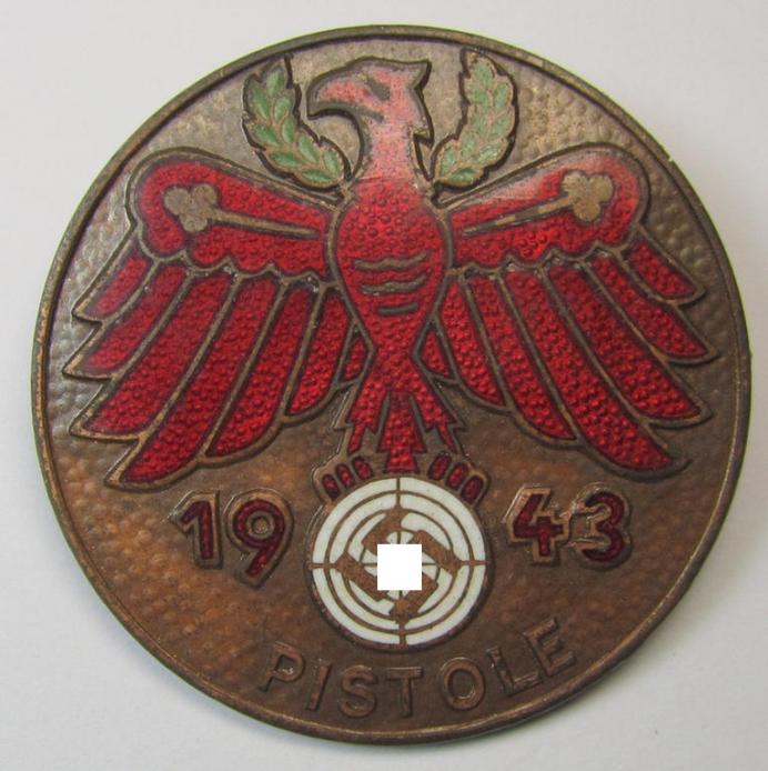 Multi-coloured enamelled - and truly very detailed! - shooting- ie. marksmans'-badge aka: 'Gauleistungsabzeichen 1943 in Bronze des Standschützenverbandes Tirol-Vorarlberg' (as was awarded for the pistol (ie. 'Pistole')