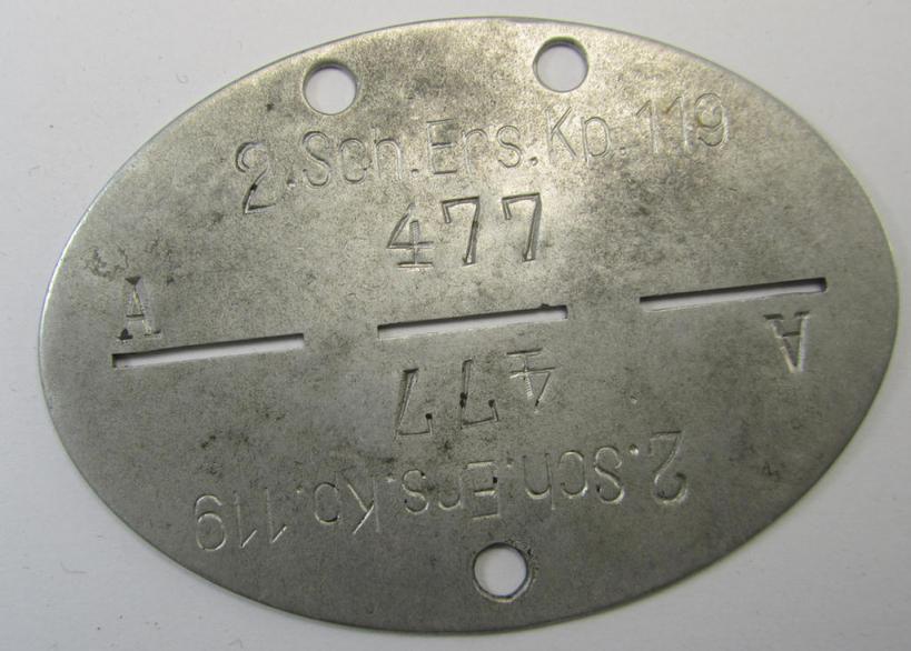 Attractive, aluminium-based, WH (Heeres-) ie. 'Infanterie'-related ID-disc bearing the clearly stamped unit-designation: '2.Sch.Ers.Kp.119' and that comes as issued- and/or worn
