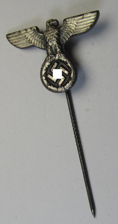 Silverish-coloured - and truly very detailed! - so-called: 'N.S.D.A.P.'-supporter- (ie. membership-) lapel-pin (ie. 'tie'-pin) being a maker- (ie. 'RzM - M1/72'-) marked example showing a pronounced: 'Reichsadler'-device