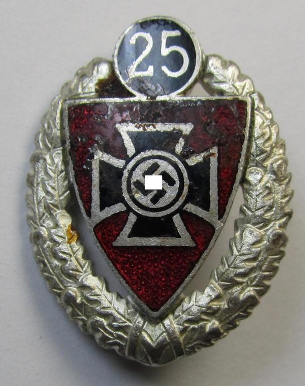 Honorary-membership lapel-pin (aka: 'Silberne Ehrennadel für 25 Jahre Mitgliedschaft im Nationalsocialistischer Reichskriegerbund' (ie. 'N.S.R.K.B.') being a maker- (ie. '6'-) marked example that also bears a: 'Ges.Gesch.'-designation on its back