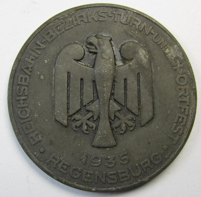 Unusual, bronze-toned- (ie. typical 'zinc'-based) DRB- (or: 'Deutsche Reichsbahn'-) ie. sports-related, commemorative-plaque entitled: 'Reichsbahn Turn- und Sportsfest - Regensburg - 1935'