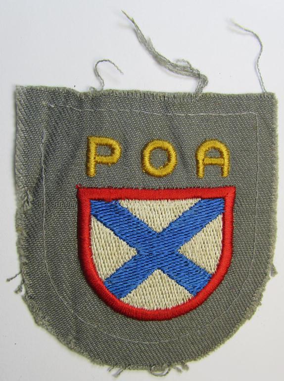 Very nice - and actually scarcely encountered! - multi-coloured, machine-embroidered- (ie. 'variant-type'-) armshield as intended for a Russian volunteer of the 'Russian Liberation Army' (ie. 'POA')