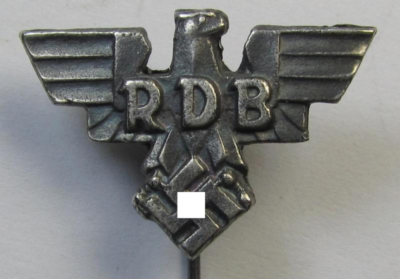 'RDB' (or: 'Reichsbund der deutchen Beamten') civil-attire badge (ie. 'Zivilabzeichen') being of the 2nd pattern that is bearing a makers'-mark (ie. logo) (that reads: 'KW') and/or patent-pending- (ie. 'Ges.Gesch.'-) designation on its back