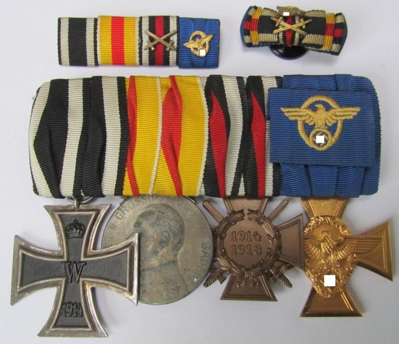 Attractive, 4-pieced-, WWI- (ie. TR-) period, medal-bar (ie. 'Ordenspange'), resp. depicting an: 'EK II. Kl.', a: 'Baden Verdienstmedaille', a: 'FKK' and a: 'Pol.DA 1. St.' (that comes with 2 accompanying 'Band-/Feldspangen'!)
