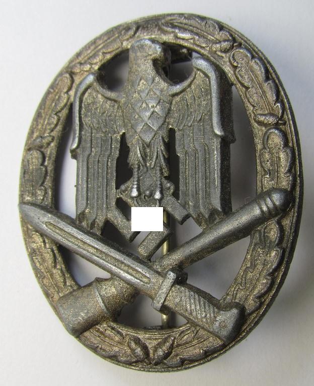 Superb - and actually scarely seen! - 'Allgemeines Sturmabzeichen' (or: General Assault Badge ie. GAB) being a non-maker-marked, typical zinc- (ie. 'Feinzink') 'cut-out swastika'-variant as was produced by the: 'Gebr. Wegerhoff'-company