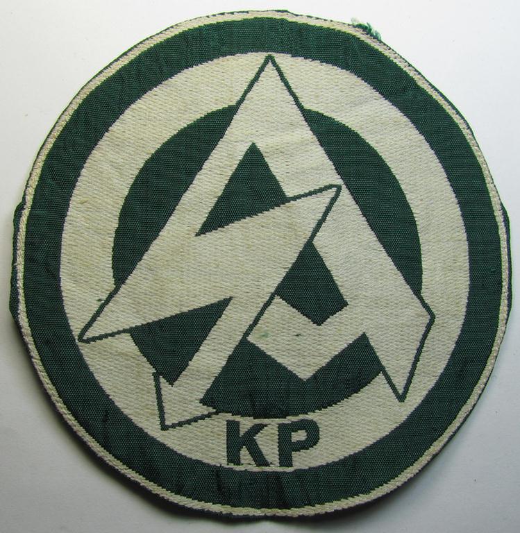 Attractive - and scarcely encountered! - SA (ie. 'Sturmabteilungen'), 'BeVo'-woven sport-shirt insignia still showing its period-attached 'RzM'-etiket as was intended for an SA-member who served within the: 'Gruppe Kurpfalz' (KP)