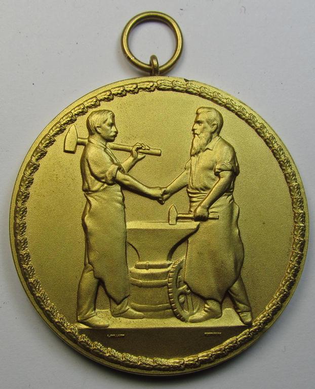 Larger-sized, TR-period, bright-golden-toned commemorative-plaque (ie. 'Erinnerungs- o. Auszeichnungsmedaille') showing the text: 'Dem Altmeister Johann Birkmann 1935 - Handwerkskammer für Mittelfranken'
