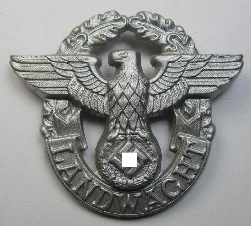 Attractive - and typical zinc- ie. 'Feinzink'-based - 'Polizei'- (ie. police) eagle-badge being a silverish-grey-coloured- and/or non-maker-marked example depicting the text: 'Landwacht'