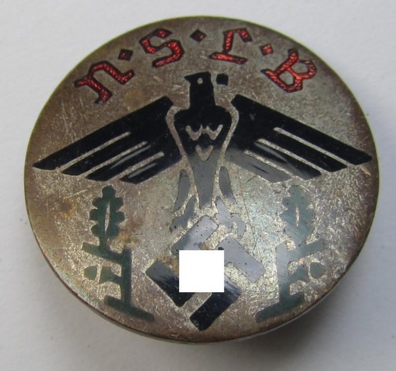 Neatly enamelled- (and multi-coloured!) 'Mitgliedsabzeichen des Nationalsozialistische Lehrerbundes' (ie. 'N.S.L.B.') being a detailed example that shows the makers'-designation: 'Hoffstätter - Bonn' on its back