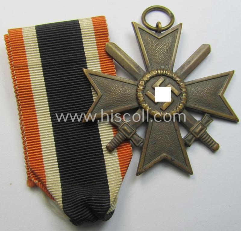 Medal-set: 'KvK II. Klasse mit Schwertern' being a clearly maker- (ie. '56'-) marked- (and/or 'Buntmetall'-based) specimen that came together with its original, minimally confectioned ribbon (ie. 'Bandabschnitt')