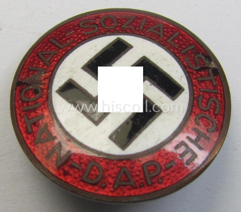 Neatly enamelled- (and bright-red-coloured!) 'N.S.D.A.P.'-membership-pin- ie. party-badge (or: 'Parteiabzeichen') which is nicely maker-marked on the back with the makers'-designation: 'RzM' and/or: '6.'