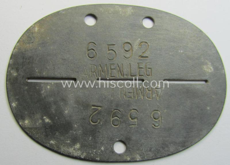 Attractive - scarcely found! - 'Ostvölker'-related ID-disc (ie. 'Erkennungsmarke') bearing the unit-designation that reads: 'Armen. Leg - 6592' (and as such intended for a member that served within the 'Armenisches Legion'