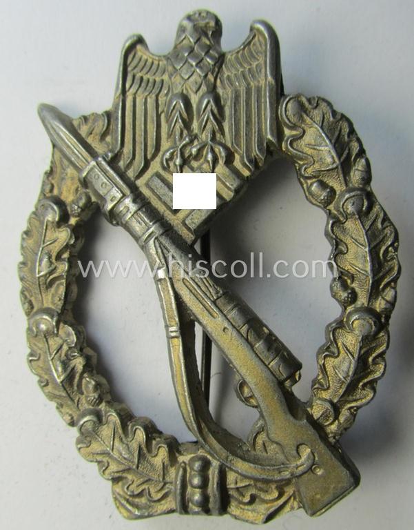 'Infanterie Sturmabzeichen in Silber' being a maker- (ie. 'F.L.L.'-) marked and/or quite converse, 'solid-back' example by the maker: 'Friedrich Linden' (ie. 'F.L.L.') as was executed in bright silver-coloured, zinc-based metal
