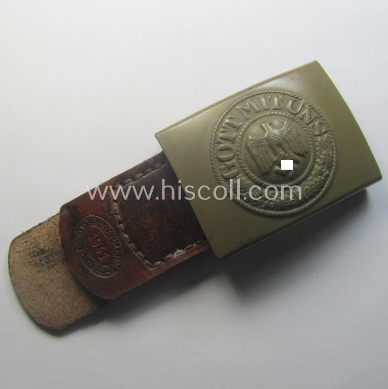 'Virtually mint', 'standard-issue'-pattern, WH (Heeres) field-grey-toned- and/or steel-based belt-buckle being a non-maker-marked example that comes mounted onto its 'B. Haarmann'-marked and/or '1941'-dated tab