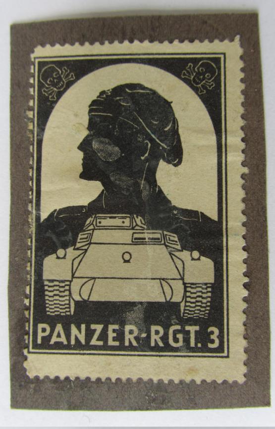 Nice - and never before encountered! - so-called: poster-stamp (ie. in German language: 'Exlibris') depicting a WH (Heeres) 'Panzermann' wearing a 'Panzerberet' with below the text: 'Panzer-Rgt.3' - overall nice condition!