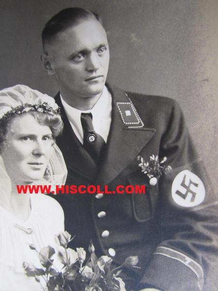 Nice, period (and IMO early!) post-card sized, portrait-/ie. wedding-picture depicting an 'Allgemeine an 'Allgemeine SS'-member (ie. 'Unterscharführer') belonging to the '7.SS-Standarte' (= 'Fritz Schlegel') - very nice condition!