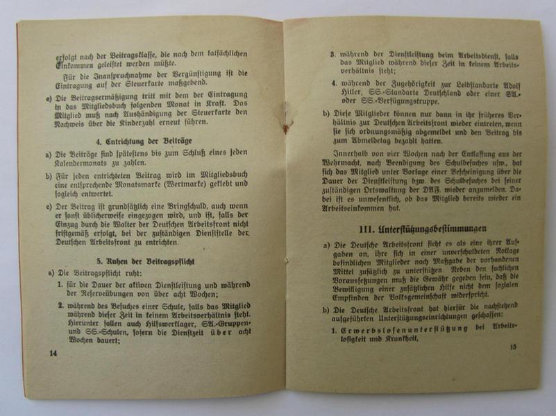 Interesting 'DAF'- (ie. 'Deutsches Arbeitsfront') related period booklet, entitled: 'Bestimmungen über die Zugehörigkeit zur Deutschen Arbeitsfront', dated: 1937 - nice, albeit clearly used condition!