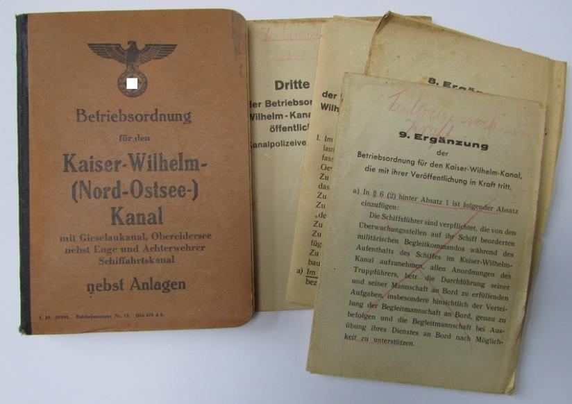 Interesting - and most certainly scarcely encountered! - WH (Kriegsmarine) instruction-manual entitled: 'Betriebsordnung für den Kaiser-Wilhelm-(Nord-Ostsee-) Kanal' that comes with various additions and that is dated: '5-39'