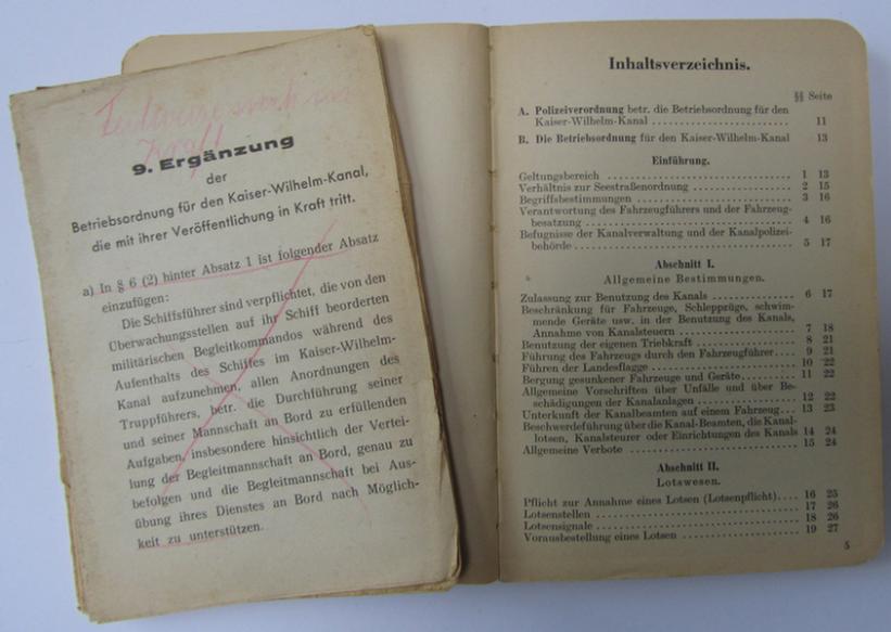 Very nice - and most certainly scarcely encountered! - WH (Kriegsmarine) instruction-manual entitled: 'Betriebsordnung für den Kaiser-Wilhelm-(Nord-Ostsee-) Kanal', that comes with various additions and that is dated: '5-39' - overall nice condition!