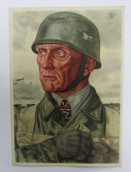 Nice and semi-colourfull so-called: 'Willrich'-type period picture-postcard, depicting the 'FJ (ie. Fallschirmjäger) 'Oberst' Bräuer - overall nice ie. virtually mint, unissued condition!