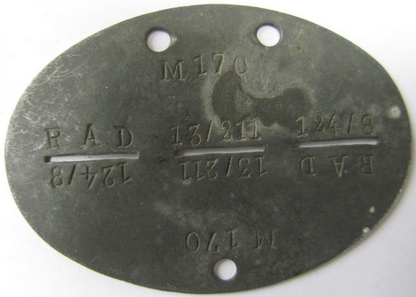 Nice - and not that commonly encountered! - zinc-based RAD (or 'Reichsarbeitsdienst') ID-disc, bearing the stamped text ie. unit-designation: 'RAD 13/211 124/8' - overall nice, albeit clearly used and/or worn condition!