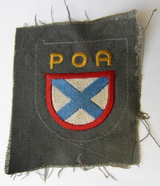 Very nice - and actually scarcely encountered! - multi-coloured and machine-embroidered- (ie. 'variant'-type) armshield as was intended for a Russian volunteer of the 'Russian Liberation Army' (ie. 'POA')