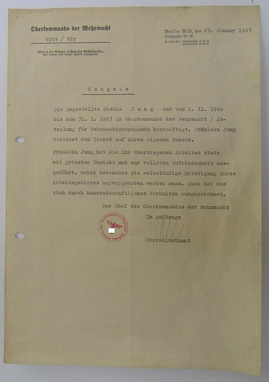Interesting, period- ie. 1943 dated and A4-sized letter (ie. 'Zeugnis') showing a pre-printed letterhead of the: 'OKW', stating that the female worker Gisela Jung was working for the OKW ('Abt. für Wehrmachtpropaganda') - nice condition!