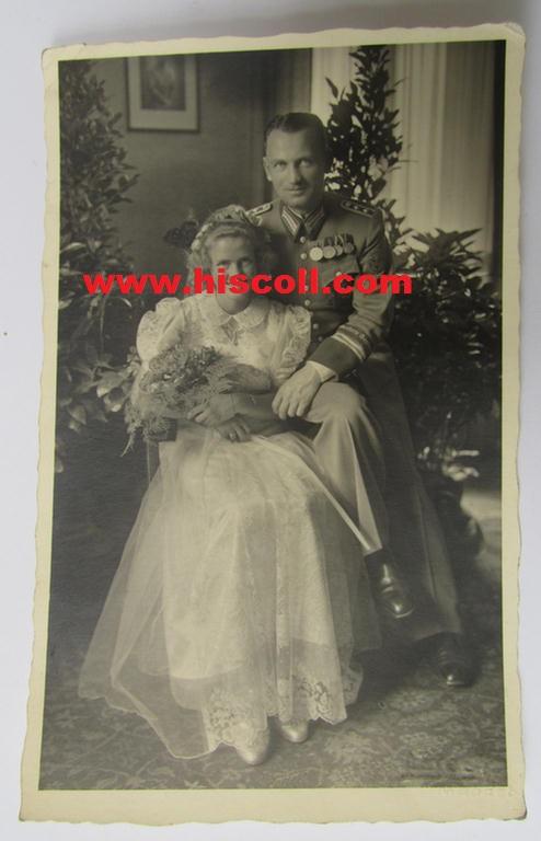 Very nice, period-picture, showing an (unidentified) police (ie. 'Polizei' ie. 'Gendarmerie') NCO and wife, wearing his dress-type-tunic and/or decorations (such as a rarely seen cuff-title: 'Motorisierte Gendarmerie') - nice condition!