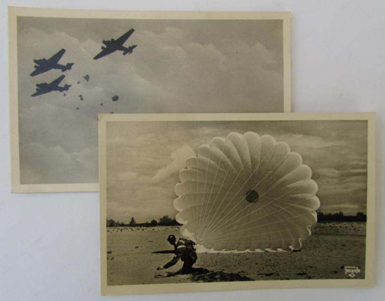 Neat 2-pieced set comprising of two WH (Luftwaffe) ie. 'Fallschirmjäger'-related picture postcards originating from the famous series: 'Unsere Luftwaffe' - nice (albeit partly used ie. sent-) condition!