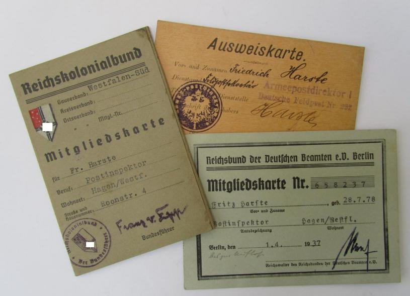 Unusual - and most certainly scarcely encountered! - 3-pieced- 'Beambten'-, 'Feldpost' ie. 'Reichskolonialbund'-related ID-document-grouping all from the: 'Postinspektor' Friedrich Harste - overall nice condition!