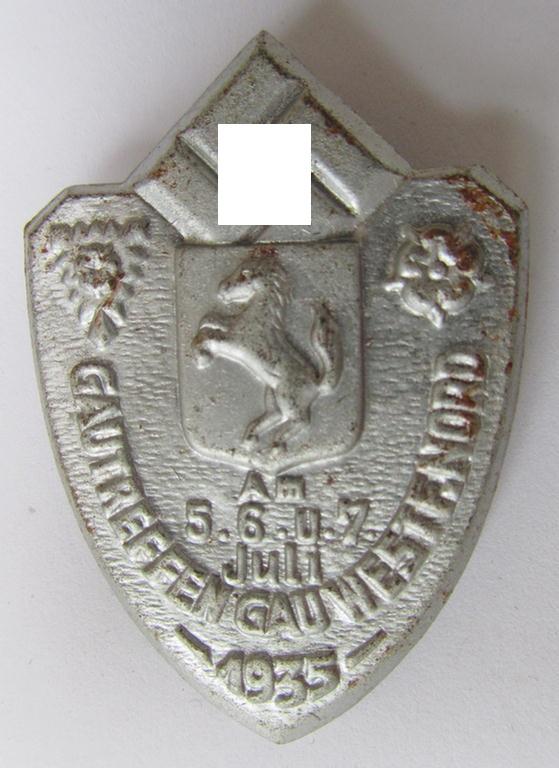Commemorative - tin-based- and/or silver-coloured - N.S.D.A.P.-related 'tinnie', being a non-maker marked example depicting a provincial-armshield surrounded by the text: 'Gautreffen Gau Westf. Nord 1935' SA Nordsee Sportwett- kämpfe 1938'