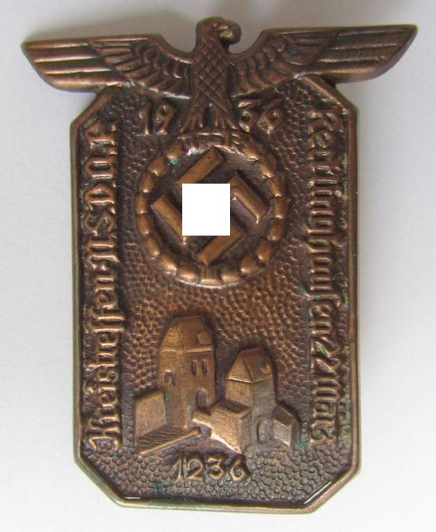 Commemorative - tin-based- and/or bronze-coloured - N.S.D.A.P.-related 'tinnie', being a non-maker marked example depicting an eagle-device and building surrounded by the text: 'Kreistreffen N.S.D.A.P. Recklingshausen - 22 März 1936'