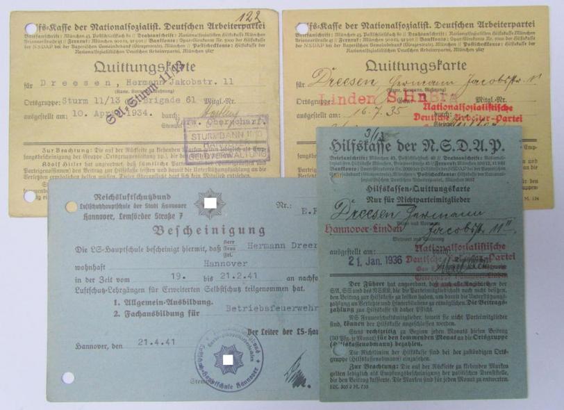 Small-sized- ie. 4-pieced-, N.S.D.A.P.- (ie. RLB- and/or SA-) related ID-document-grouping, all in fully filled-in- and/or ink-stamped condition, as issued for the 'SA-Mann', named: Hermann Dreesen 