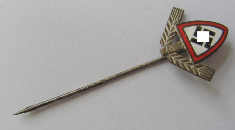 Neatly enamelled RAD/M (ie. 'Reichsarbeitsdienst für Männer' or German Labour Service for men) so-called: civil badge (or: 'Zivilabzeichen') being of the larger-sized pattern that comes mounted on its long-sized pin 